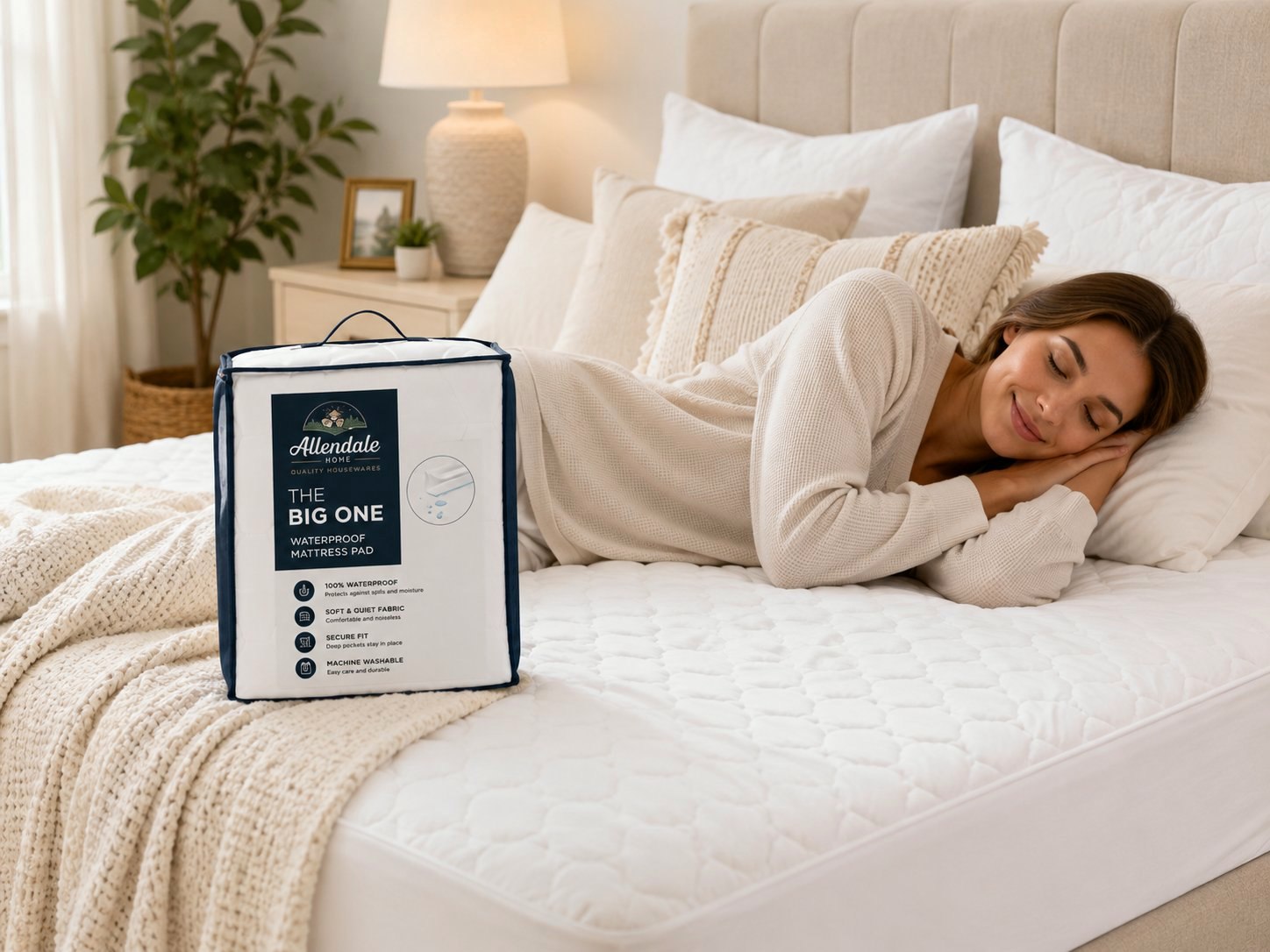 Woman resting on bed with Allendale Home mattress pad