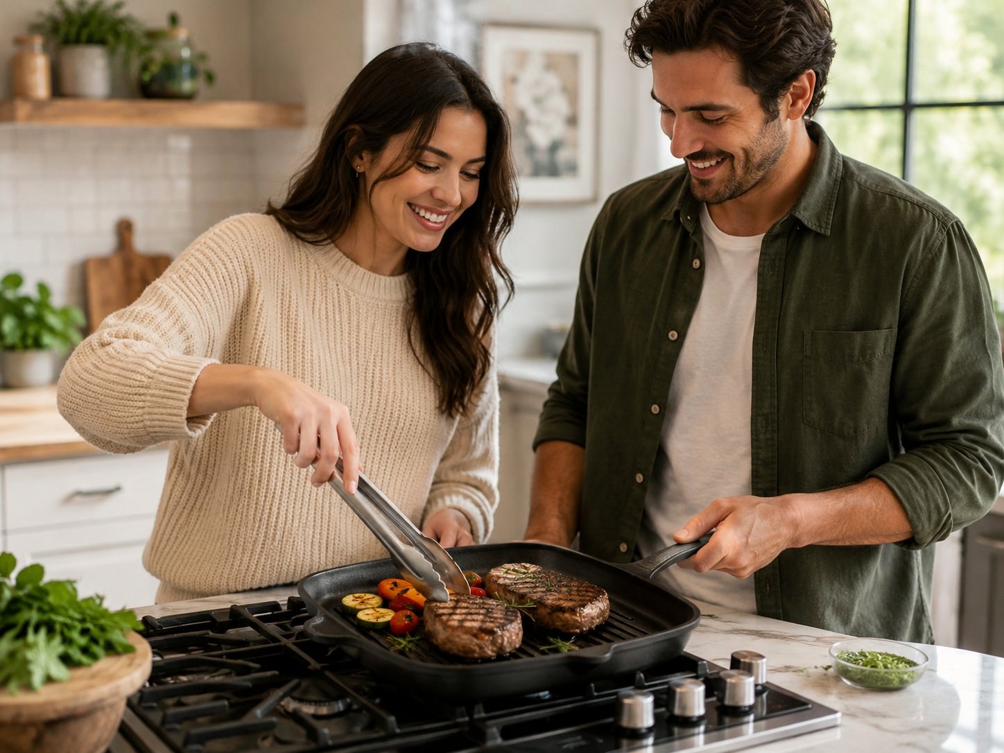 Couple cooking together with Allendale Home cast iron skillet