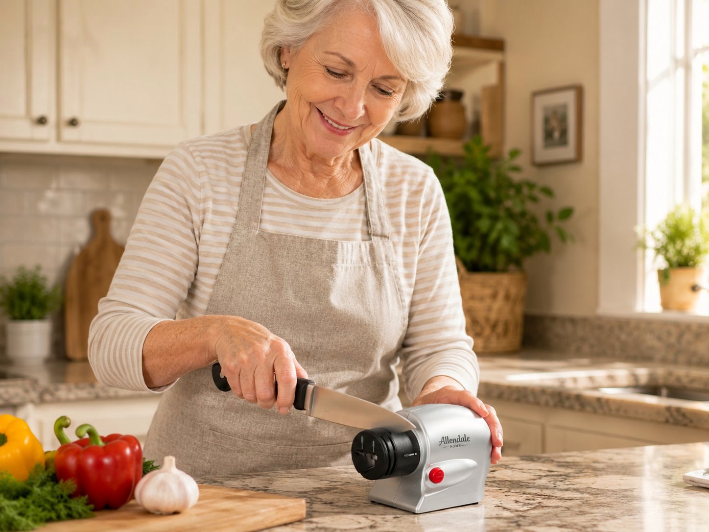 Woman using Allendale Home Electric Knife Sharpener