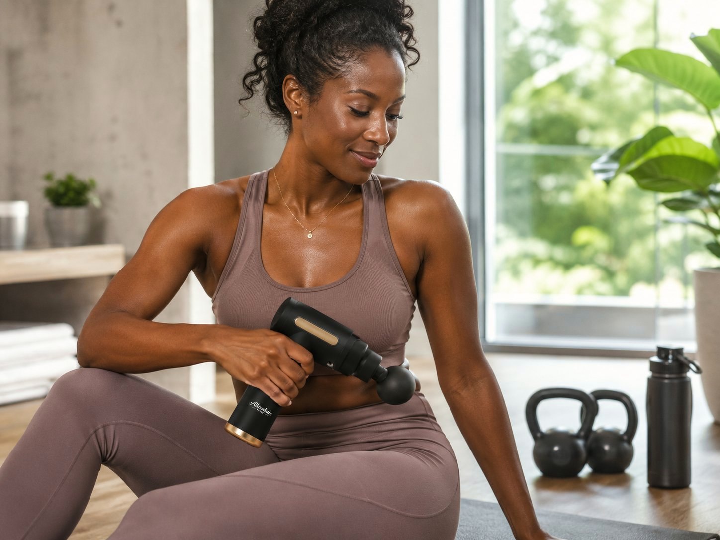 Woman using Allendale Home muscle massage gun